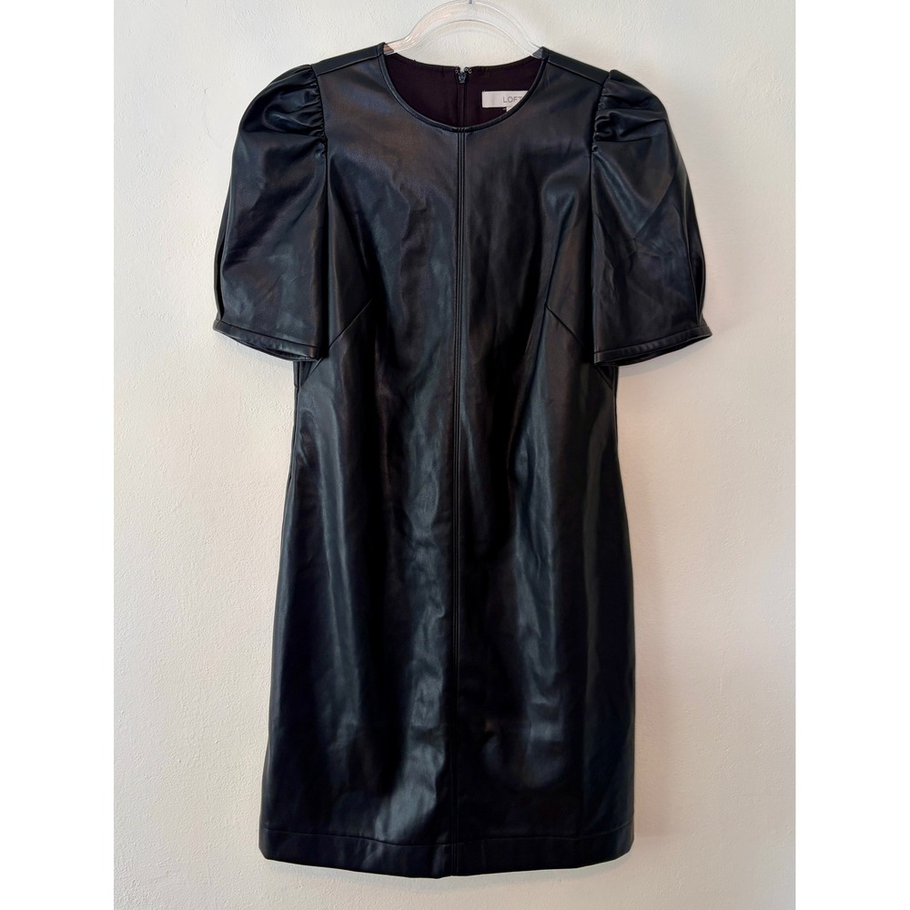 LOFT Black Faux Leather Puff Sleeve Shift Dress NWT Size 2